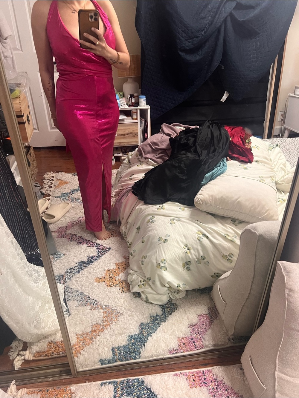 SHEIN Hot Pink Satin Halter Maxi Dress with Side Slit